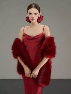 Burgundy Elegant,Glamorous,Romantic,Vintage,Gorgeous-Luxury Collar  Faux Fur   Embellished   Wedding & Event Red Fur Shawl, Satin Dress With Fur Coat, Dress With Fur Shawl, Fur Dress Outfit, Fur Shawl Outfit, Burgundy Fur Coat, Dress With Fur Coat, Burgundy Dress Outfit, Gold Lace Wedding Dress