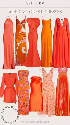 an assortment of orange and pink wedding guest dresses