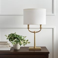 a table with a lamp, books and a potted plant on top of it