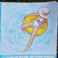 a drawing of a woman floating on an inflatable raft