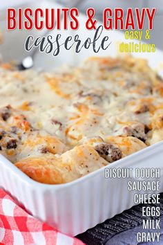 For a delicious breakfast that is so easy to make, this Biscuits and Gravy Breakfast Casserole is perfect! Biscuit dough topped with browned breakfast sausage, cheddar cheese, eggs beaten with milk, and peppered gravy, then baked until puffed up and bubbly. This is a great a way to start the day! #breakfast #casserole #breakfastbake #breakfastcasserole #biscuitsandgravy #gravy Peppered Gravy, Biscuits Gravy Casserole, Biscuit And Gravy, Gravy Casserole, Biscuits And Gravy Casserole, Biscuits Gravy, Bob Evans, Biscuit Dough