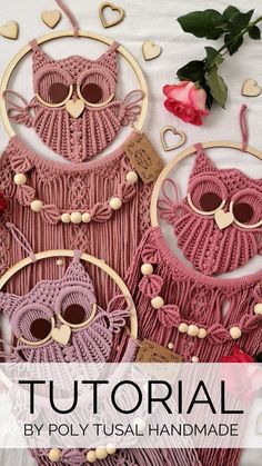 two pink crocheted owls with heart shaped sunglasses on their heads and one owl in the center