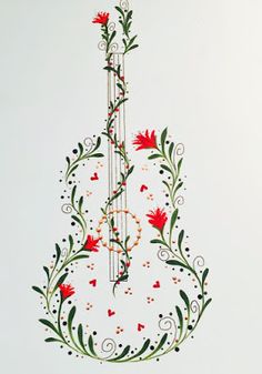 a drawing of a guitar with flowers on it's neck and strings hanging from the ceiling
