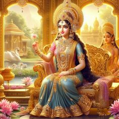 Shree Laxmi Shree Radha Satyug Swarg. Deity. devi Devta. Goldn Kingdome. Garden Of Heaven Paradise. Beautiful Flowers Lotus. Raj Mahal. Godess Radha, Hindu Paintings, Bhagwan Images, Saraswati Picture, Raj Mahal, Lakshmi Mata, Heaven Paradise