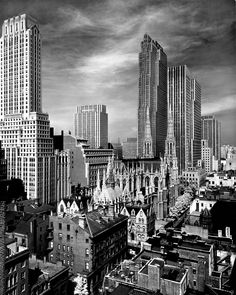 black and white photograph of buildings in the city