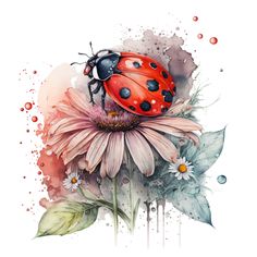 a ladybug sitting on top of a pink flower with watercolor splashes