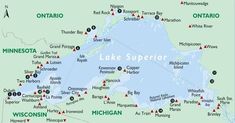 a map of lake superior, minnesota with many locations marked in red and green markers