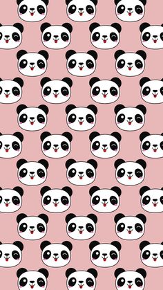 panda faces on pink background with black and white ones in the middle, all facing different directions