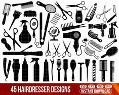 the silhouettes of hairdresser designs are shown in black and white, with red accents