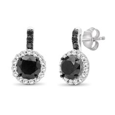 Dress to impress in the eye-catching contrast of these exquisite black and white diamond frame drop earrings. Created in sterling silver Each earring features a 1-1/5 ct. black diamond wrapped in a frame of shimmering white diamonds. Black diamonds glisten along the linear post. These 3 ct. t.w. diamond earrings secure comfortably with friction backs. Diamond Halo Earrings, Diamond Earrings For Women, Halo Diamond Earrings, White Diamond Earrings, Black Diamond Earrings, Silver Diamond Earrings, Womens Ring, Diamond Frame, Halo Earrings