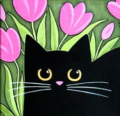 a painting of a black cat surrounded by pink flowers