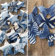 blue and white ceramic ornaments on wooden table next to string with snowflakes hanging from them