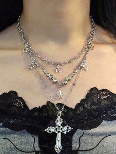 Silver  Collar  Zinc Alloy   Embellished   Women Fashion Jewelry Gothic Jewellery, Styling Jewelry Outfit, Black Outfit Accessories, Pretty Jewelry Necklaces, Gothic Crosses, Women Pendant, Vintage Gothic, Fringe Necklace, Gothic Jewelry