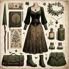 Colourful Fantasy Outfit, Fantasy Apothecary Outfit, Elven Outfits Casual, Princess Ren Faire Outfits, Forest Fairy Clothes, Forest Clothes Aesthetic, Botanist Aesthetic Outfit, D&d Outfits, Solarpunk Aesthetic Fashion