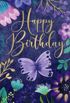 a purple birthday card with butterflies and flowers