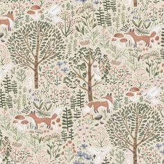 an animal themed wallpaper with trees and flowers