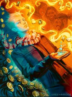 a painting of a man holding a cell phone in his hand and surrounded by gold coins