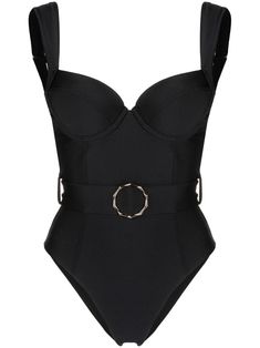 black belted waist bustier-style neckline sleeveless stretch-design Be mindful to try on swimwear over your own garments. Vintage Swimsuit Aesthetic, Theatrical Romantic Swimwear, Swimsuit Coverup Outfits, Luxury Swimwear Beachwear, Bustier Swimsuit, Belted Swimsuit, Vintage Beachwear, Miami Swimwear, Luxury Swimsuits