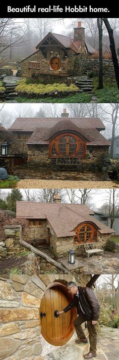 three different pictures of a house in the woods