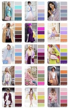 a collage of different color swatches with women's clothing and accessories in them