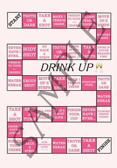 a pink and white game board with words on it that say drink up, watermelon