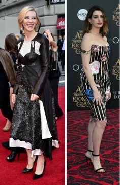 two different pictures of women in dresses on the red carpet