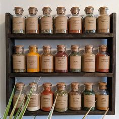 spice jars are lined up on wooden shelves