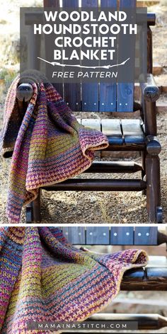 a blanket that is sitting on top of a chair with the words, 11 woodland houndstooth crochet blanket free pattern