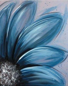 a painting of a blue flower on a white background with black spots and silver flecks