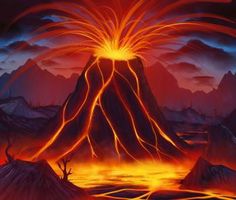 a painting of a volcano in the middle of a night sky with bright orange and red lights