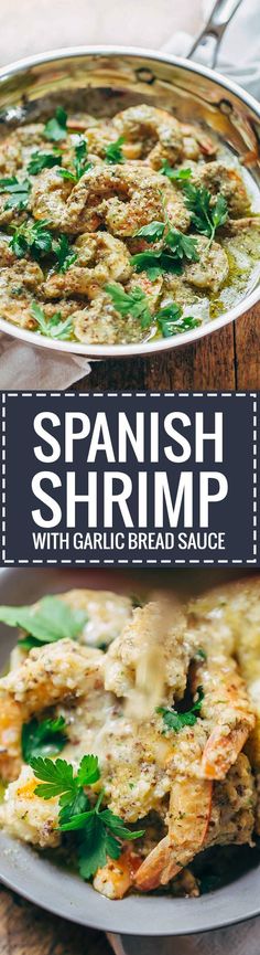 two plates of spanish shrimp with garlic bread sauce and parsley garnish on top