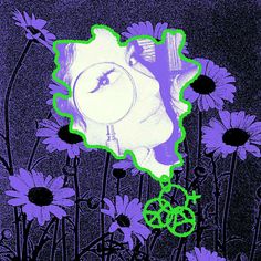 an image of a woman's face through a magnifying glass surrounded by flowers