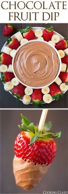 two pictures with strawberries, bananas and chocolate dip in the middle one has a stick sticking out of it