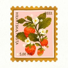 a postage stamp with strawberries and flowers on it