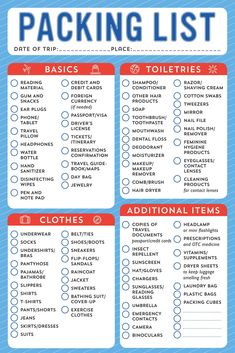 the packing list is shown in red and blue, with instructions to keep your belongings organized