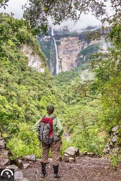 a person with a backpack standing in the woods looking at a waterfall that is high up in the sky