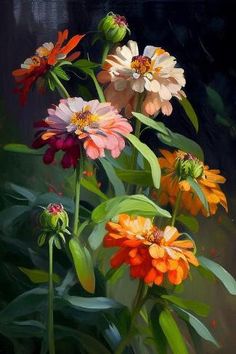 an oil painting of colorful flowers on a black background