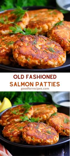 old fashioned salmon patties on a black plate with lemon wedges and parsley