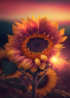 a sunflower with the light shining down on it's petals in front of a sunset