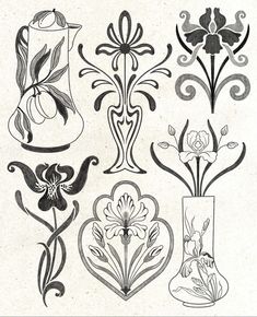 an old drawing of vases with flowers in them