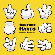 cartoon hands with different gestures on yellow background