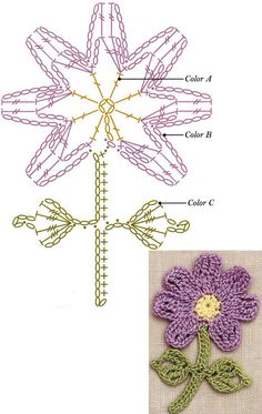 crocheted flowers are shown in three different colors and sizes, including one purple flower