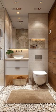 a modern bathroom with stone flooring and walls