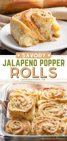 jalapeno popper rolls in a baking dish with the title above it