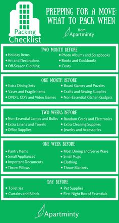 a green poster with the words prepping for a move and what to pack when