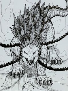 a black and white drawing of a monster with large claws on it's head