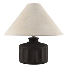 a black table lamp with a white shade
