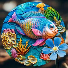 a colorful fish is sitting on top of a blue plate with flowers and seaweed