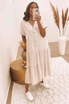 Little Paradise Midi Dress Beige How To Wear A Dress As A Skirt, Modest Summer Dresses Casual, Ghana Outfits, Delicate Outfits, Mission Fits, Dressing Modestly, Surfergirl Style, Cute Church Outfits, Button Midi Dress