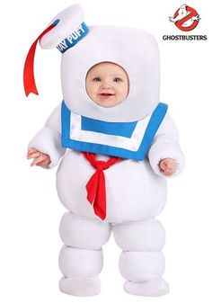 a baby dressed in a costume that looks like a marshmallow with a red tie